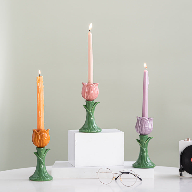 Tulip Ceramic Candle Holder Tabletop Decor for Home