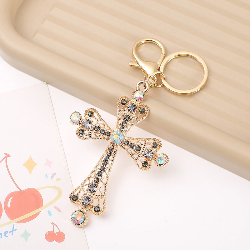 Rhinestone Cross Keychain Gold Alloy Charm