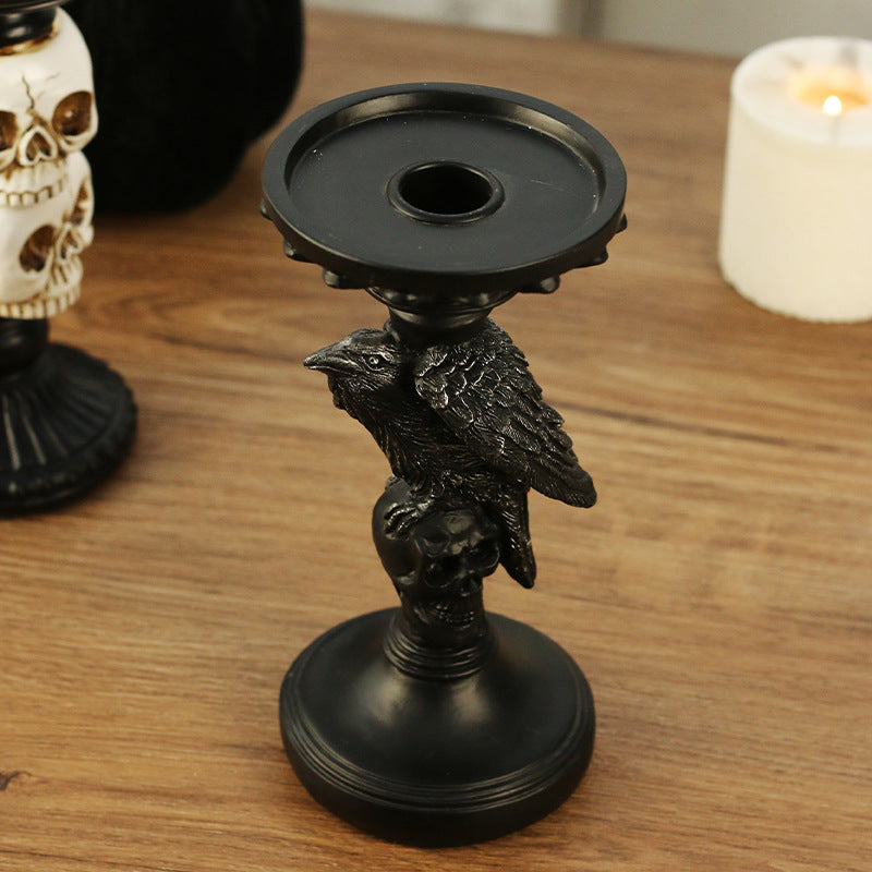 Resin Halloween Skull Raven Candle Holder Tabletop Decor