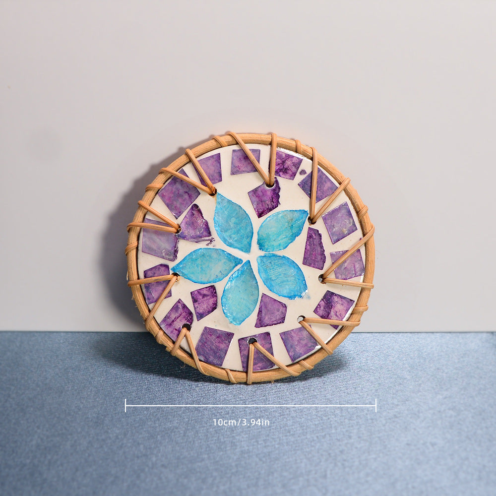 Shell Mosaic Drink Coaster Round Woven Rattan Cup Mat