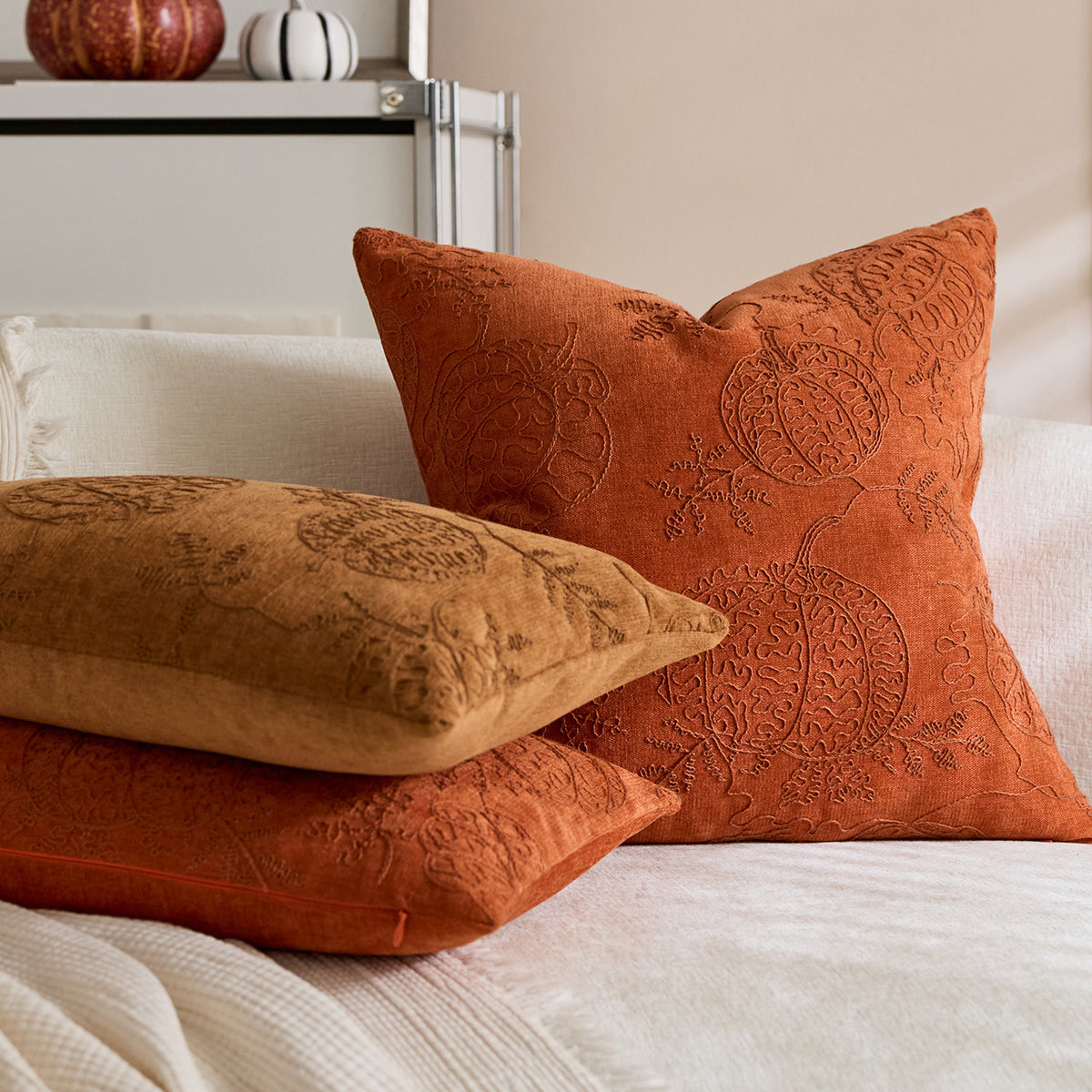 Fall Pillow Covers Chenille Embroidered Pumpkin Leaf