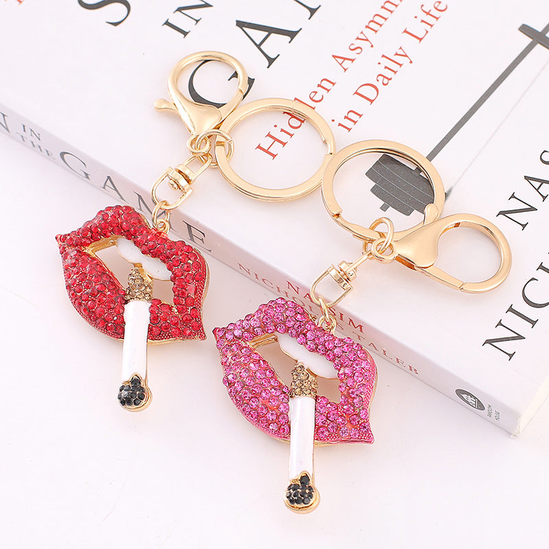 Rhinestone Lips Keychain Gold Tone Bag Charm Gift