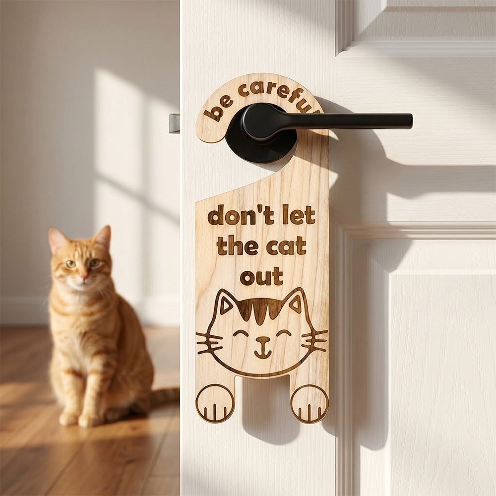 Cat Door Knob Safety Sign Wooden Door Hanging Decor