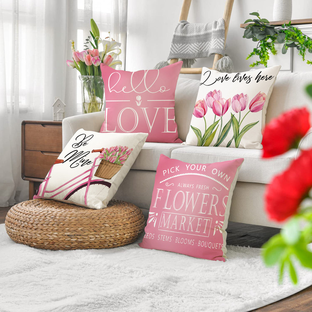 Valentine Tulip Print Linen Pillow Covers Spring Gift Decor