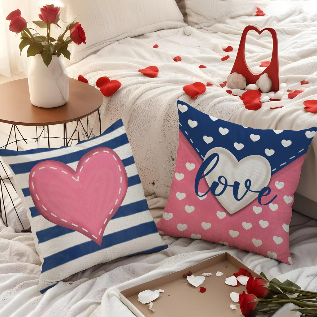 Pink Blue Heart Plaid Valentine Pillow Cover for Couch Decor