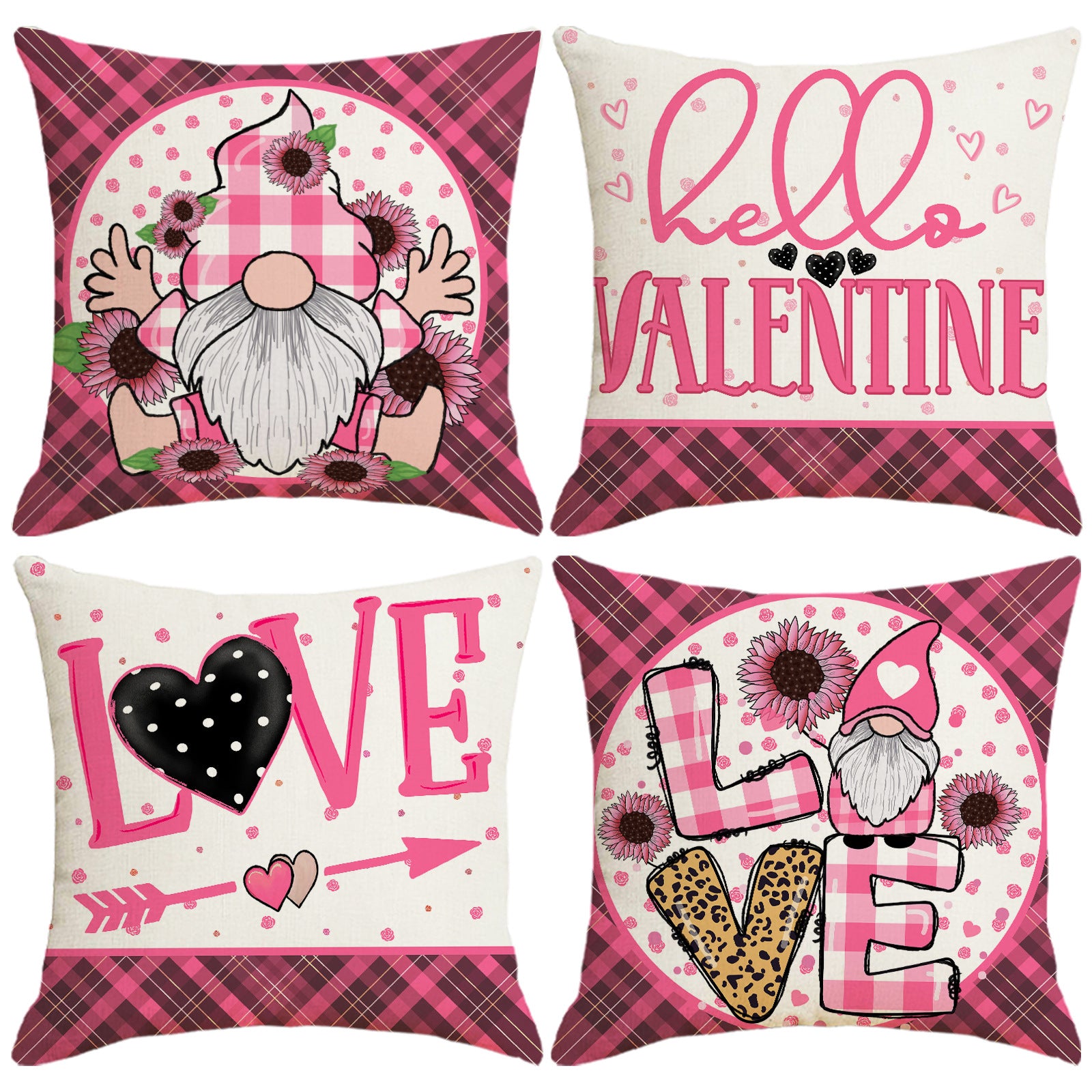 Valentine Love Gnome Pink Plaid Heart Throw Pillow Covers