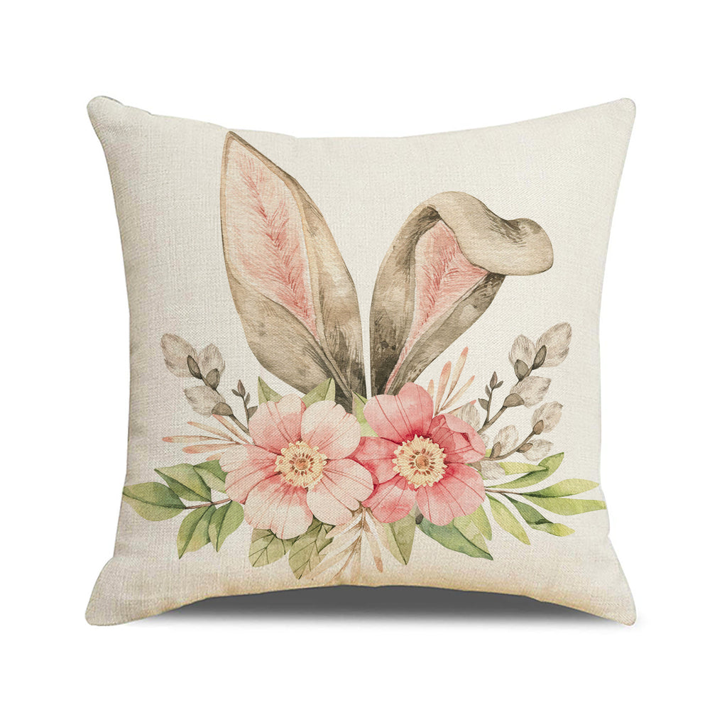 Easter Bunny Floral Linen Throw Pillow Cover 18x18