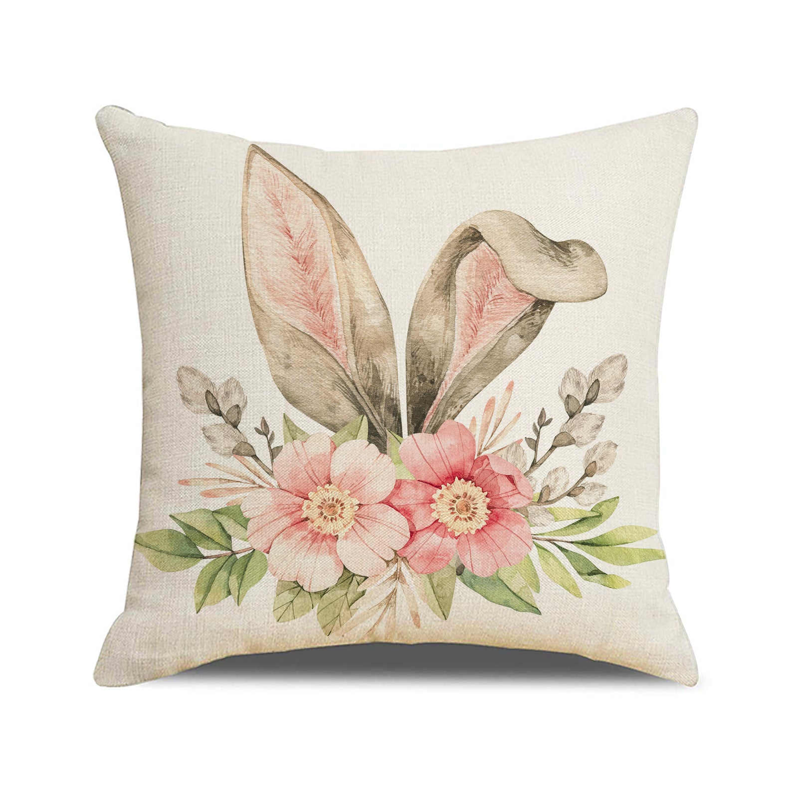 Easter Bunny Floral Linen Throw Pillow Cover 18x18
