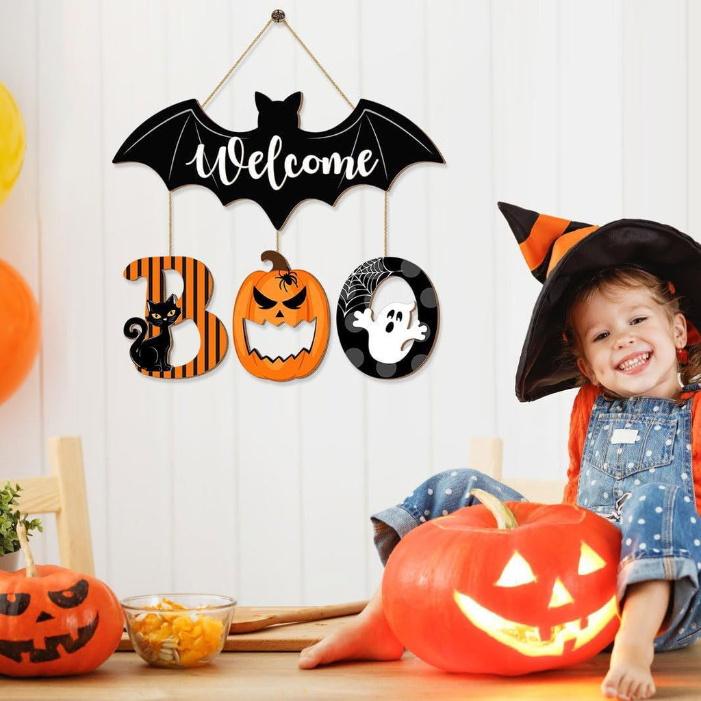 Halloween Bat Pumpkin Ghost Wooden Hanging Door Sign Welcome Decor