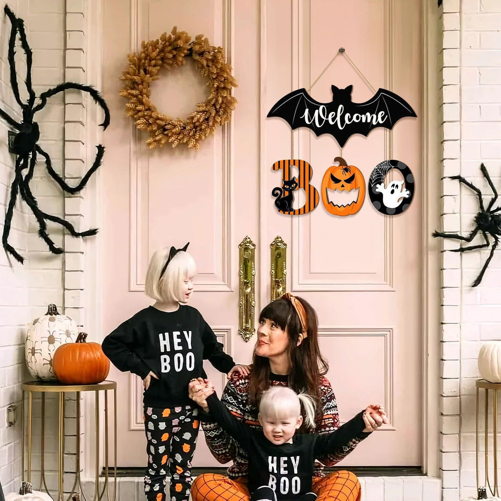 Halloween Bat Pumpkin Ghost Wooden Hanging Door Sign Welcome Decor