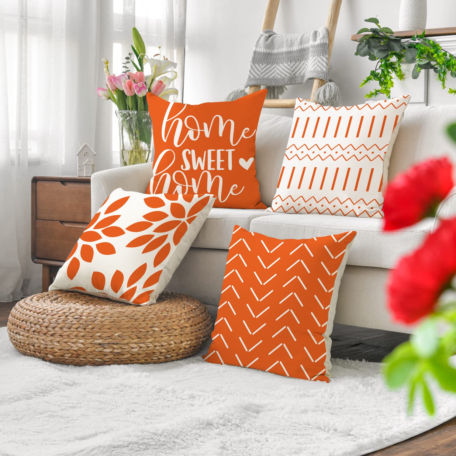 Orange Geometric Linen Throw Pillow Cover Home Decor