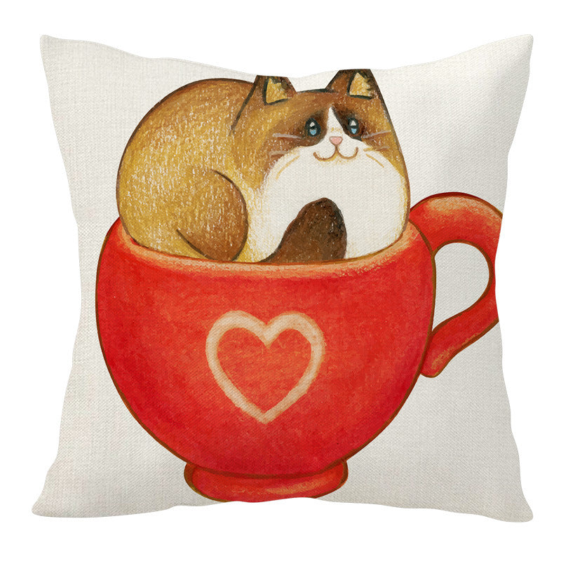 Valentine Cat Pillow Cover Nordic Linen Cute Love Cushion