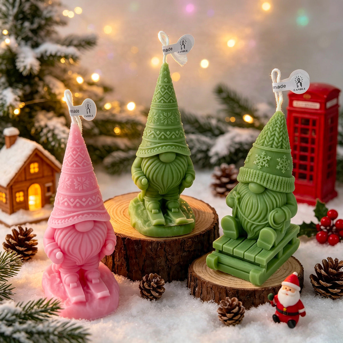 Skiing Gnome Christmas Candle Holiday Decor Festive Tabletop Accent