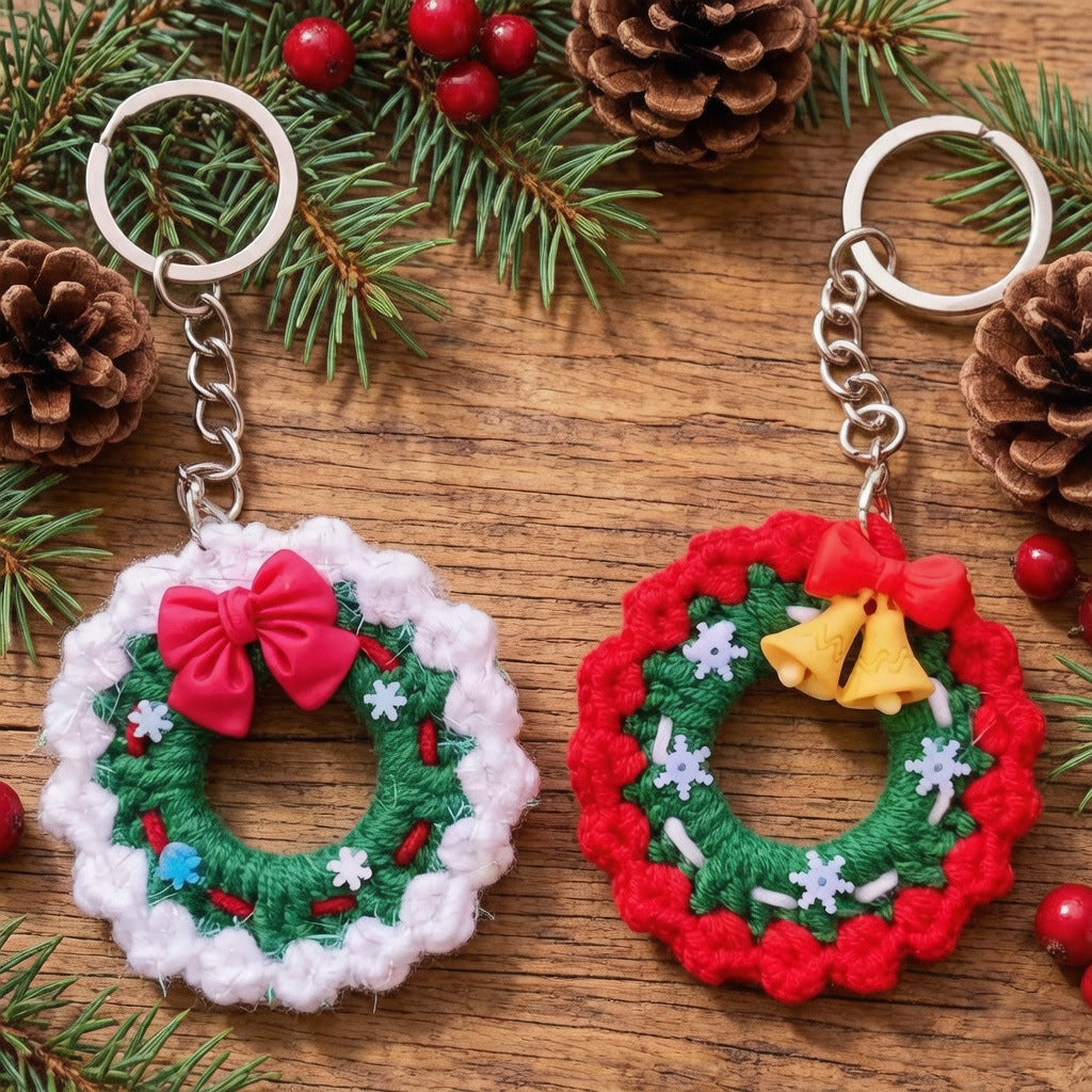 Handmade Knit Christmas Wreath Keychain Decor