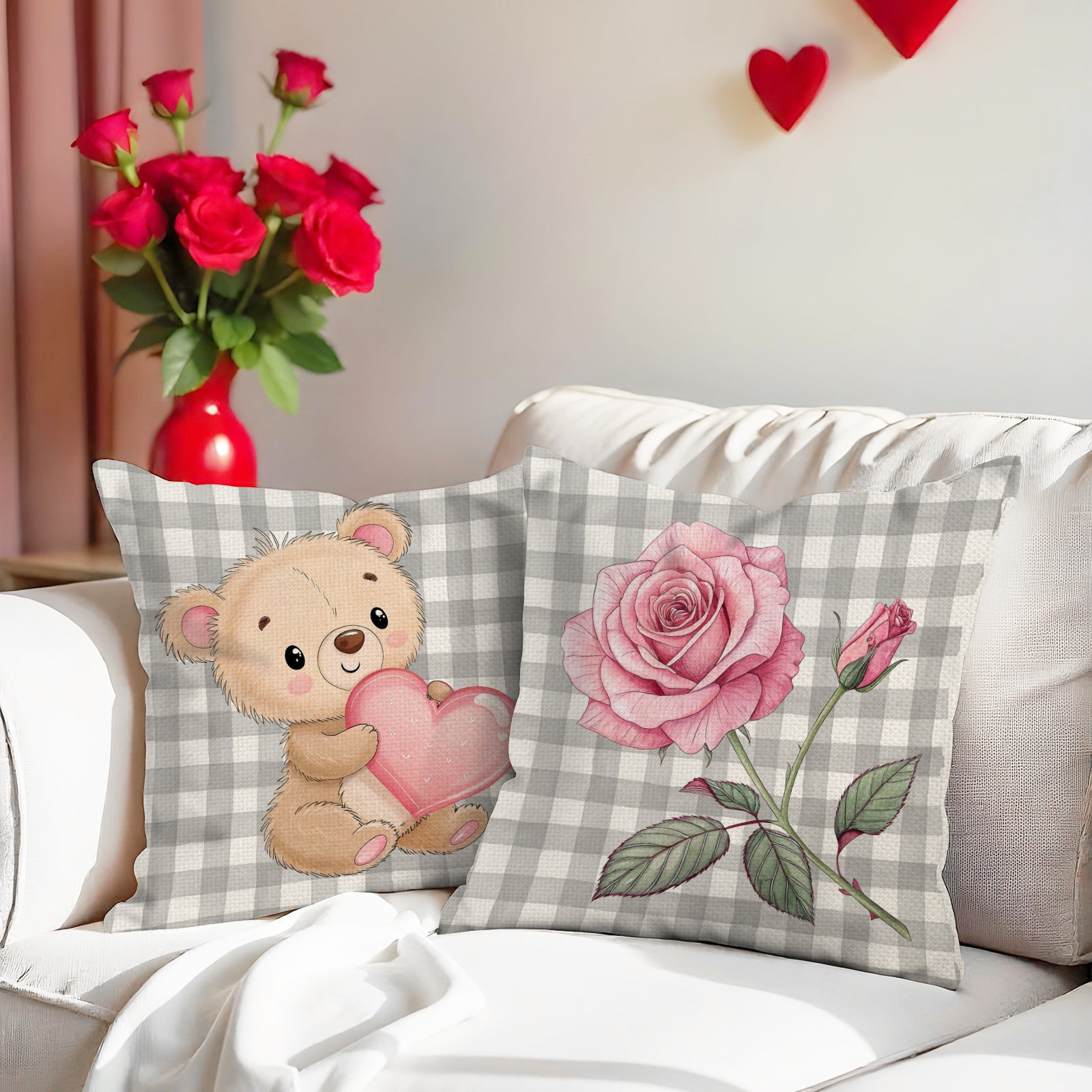 Pink Valentines Pillow Covers Cute Bear Rose Love Decor Set