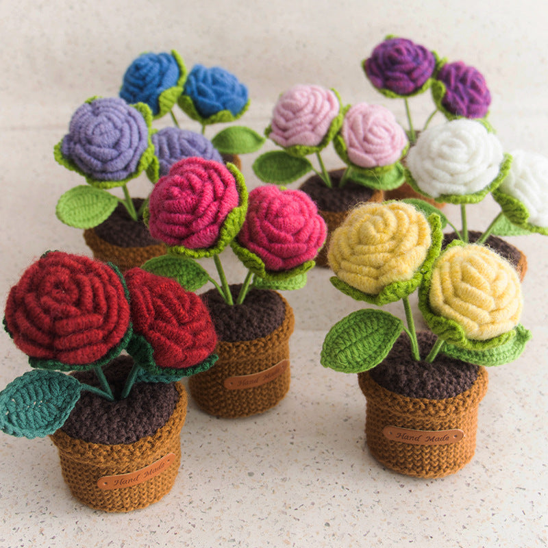 Valentine Handmade Crochet Double Rose Potted Decor