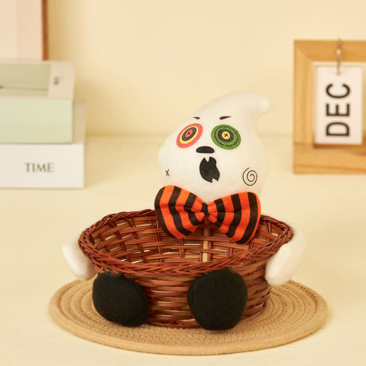 Halloween Wicker Treat Basket with Spooky Plush Decor