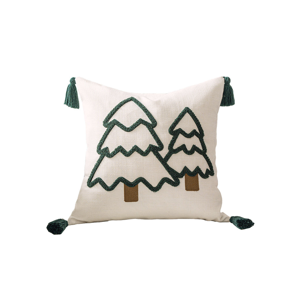 Embroidered Christmas Tree Throw Pillow Cover Tassel