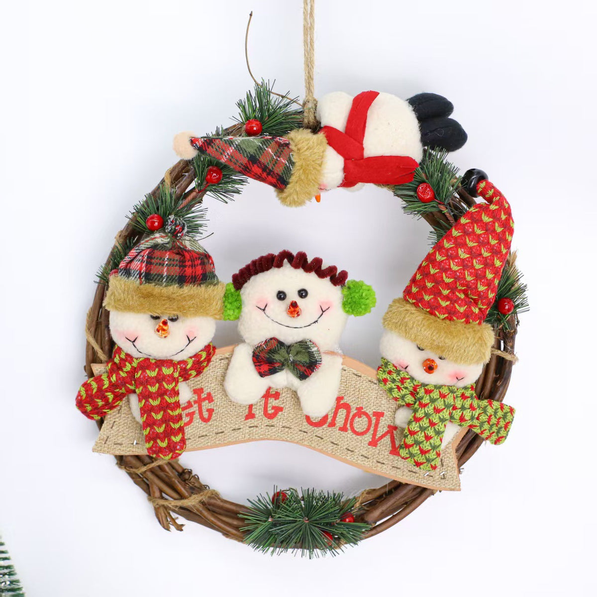 Christmas Wreath Door Hanging Decoration Plush Wooden Accent