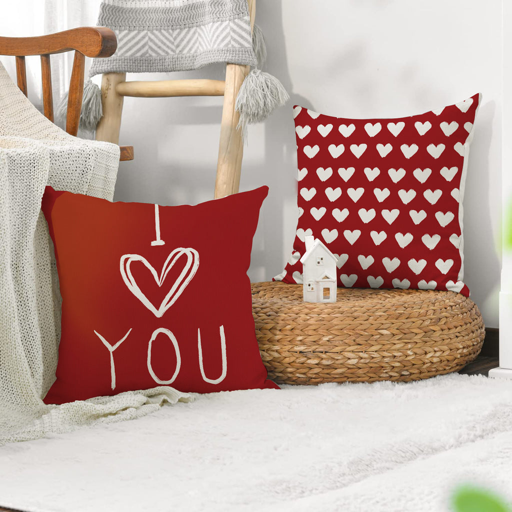 Valentine Heart Print Linen Pillow Cover Set for Sofa Decor