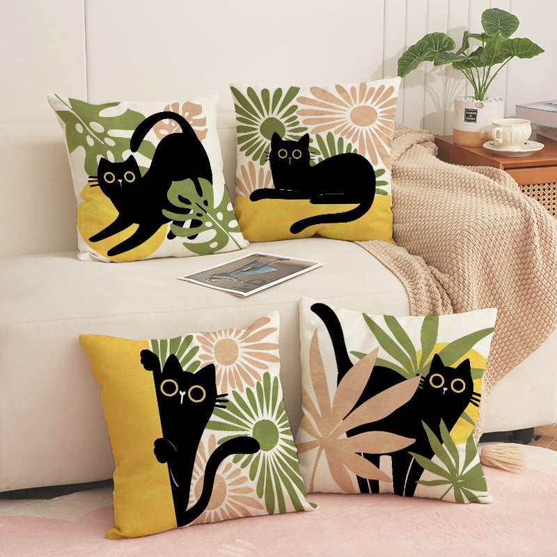 Nordic Black Cat Throw Pillow Cover with Botanical Print