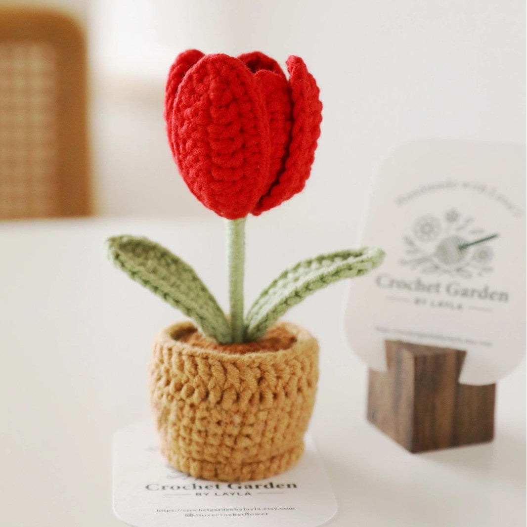 Crochet Tulip in Pot Handmade Mini Flower Decorative Accent