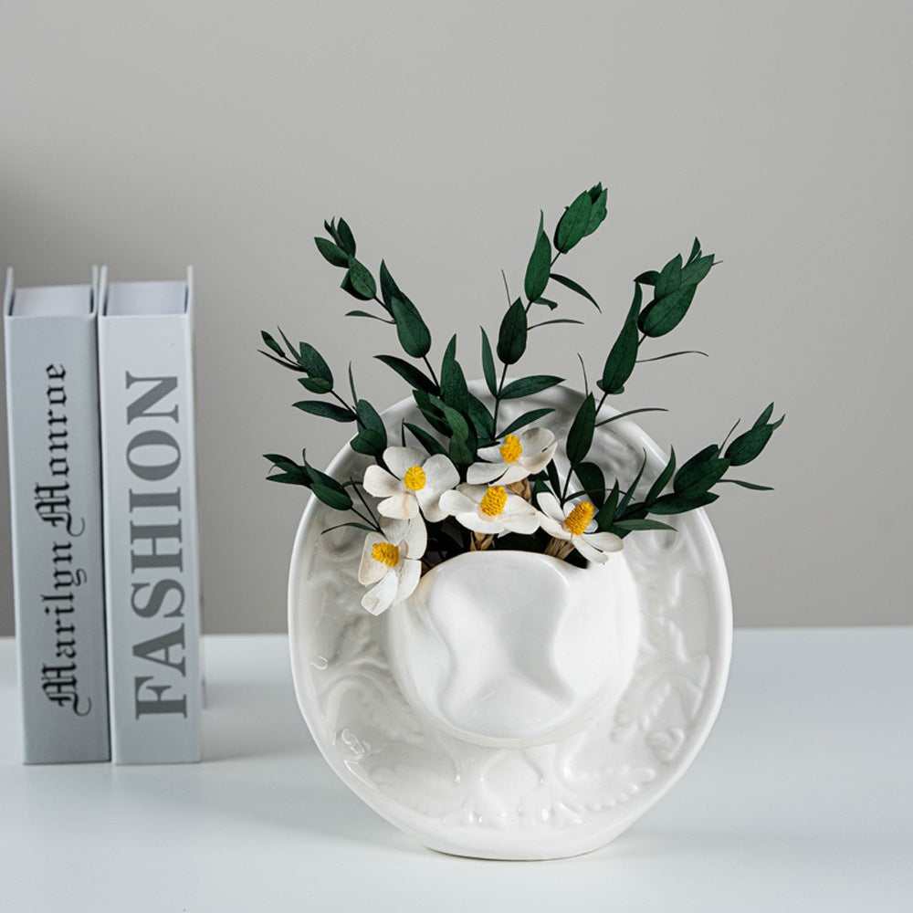Cowboy Hat Face Ceramic Vase Decorative Flower Arrangement
