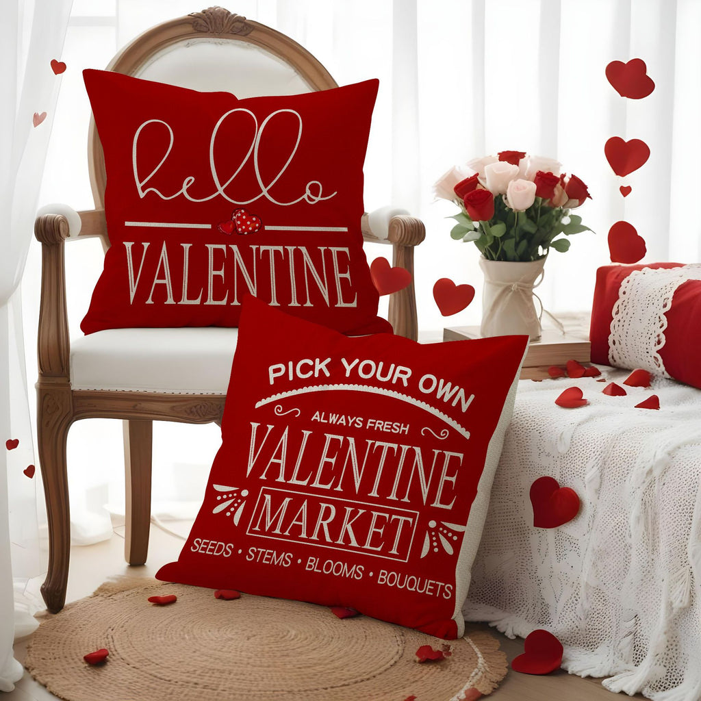 Valentine Gingham Heart Print Linen Pillow Cover Set