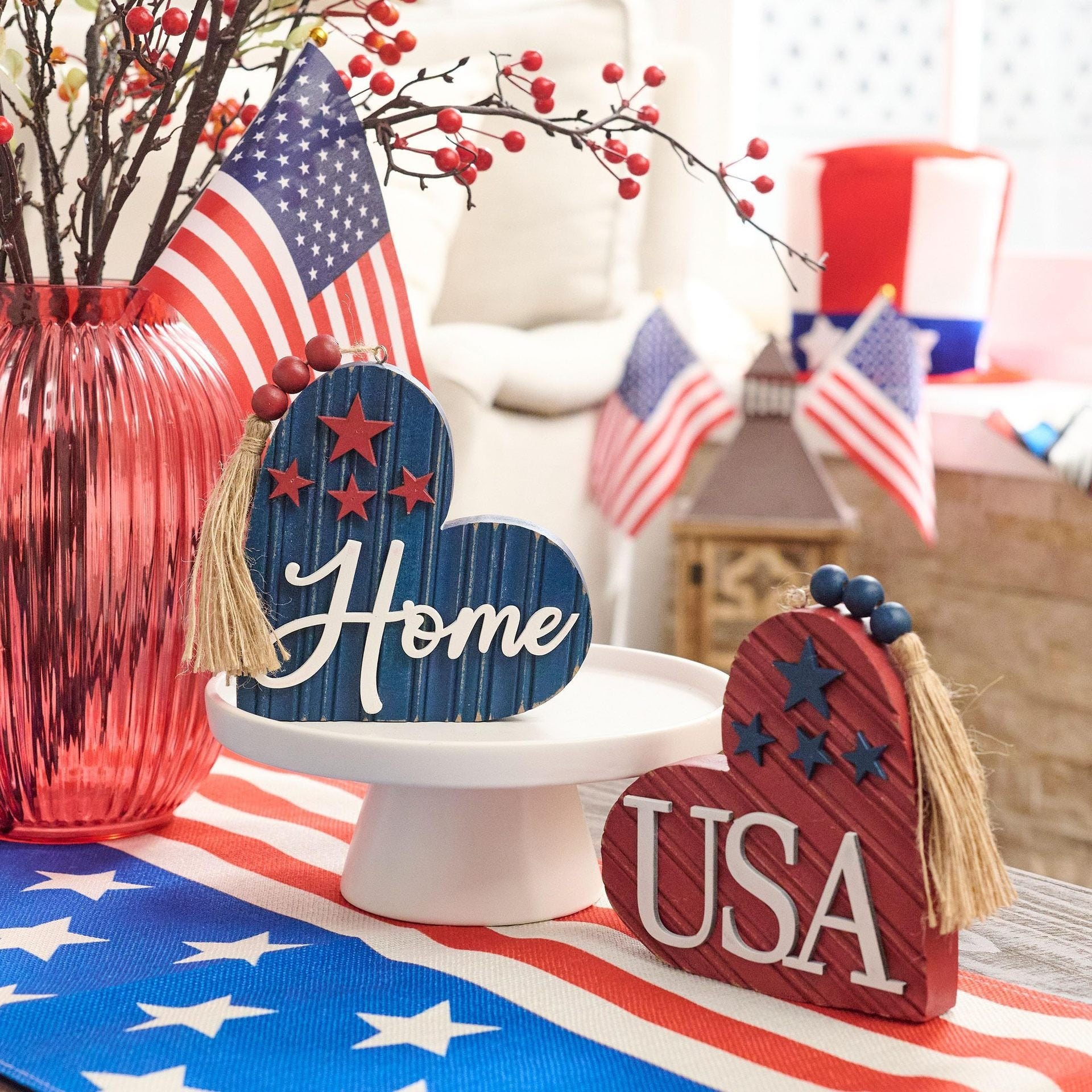 Fourth of July USA Home Heart Wooden Decor Set