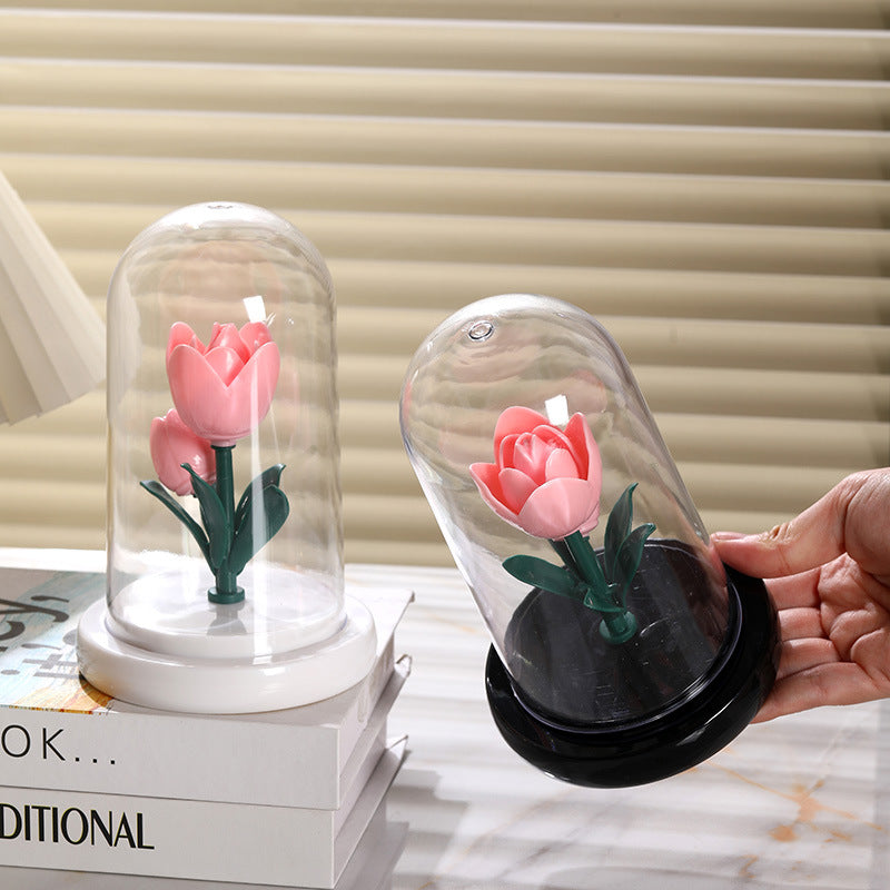Glass Dome Flower Night Light Battery Powered LED Lamp