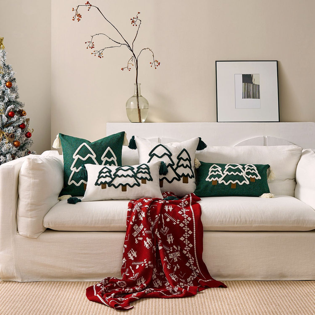 Embroidered Christmas Tree Throw Pillow Cover Tassel