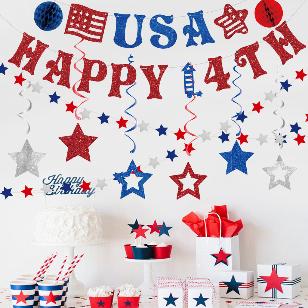 Fourth of July Party Decoration Set USA Banner Balloons Decor