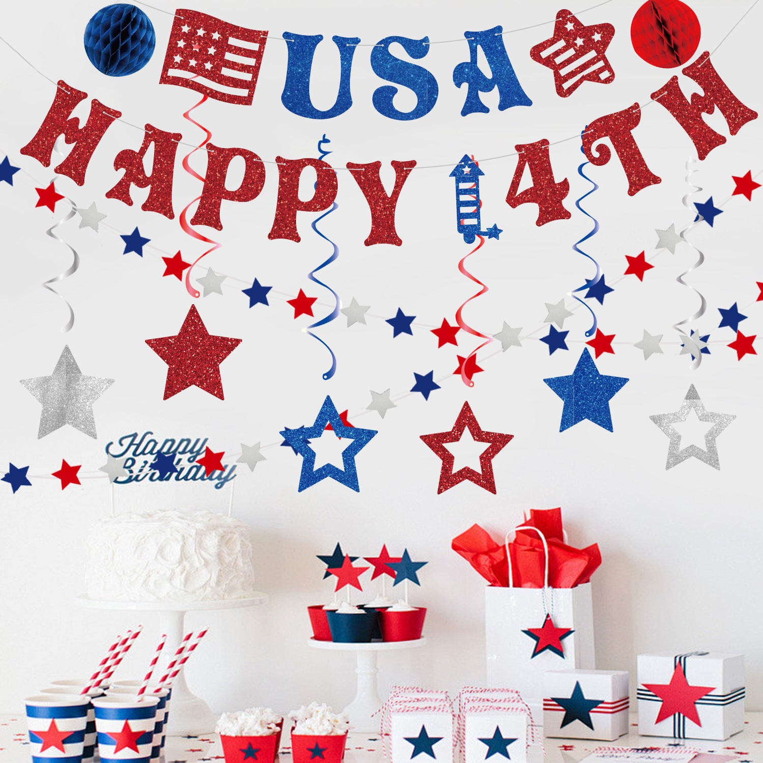 Fourth of July Party Decoration Set USA Banner Balloons Decor