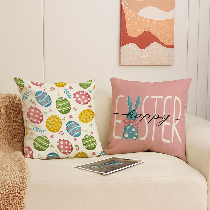 Easter Bunny Egg Print Linen Throw Pillow Cover 18x18