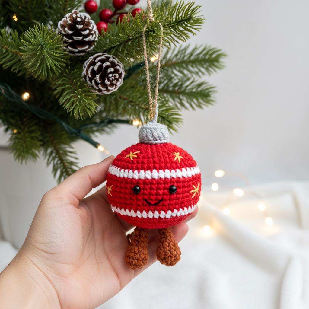 Handmade Crochet Christmas Ornament Smiley Face with Legs