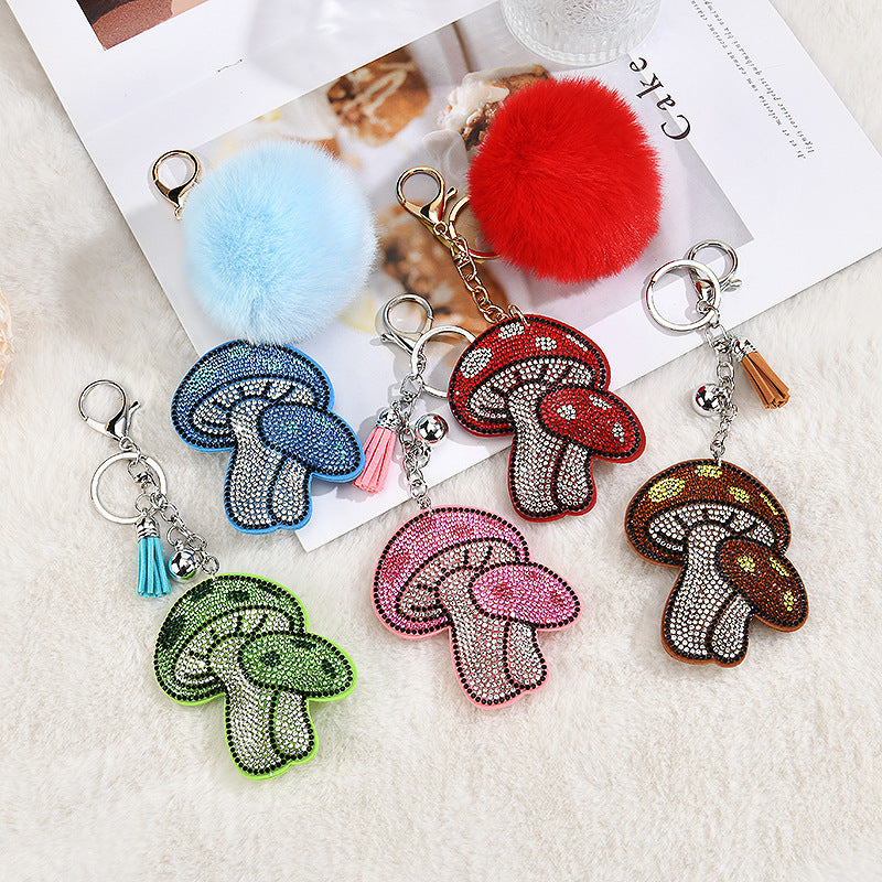Fuzzball Rhinestone Mushroom Keychain Bag Charm