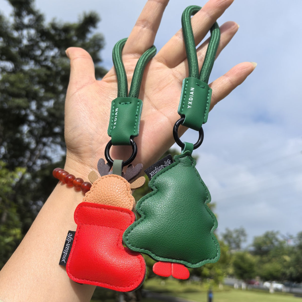 Christmas PU Leather Tree Stocking Charm Keychain