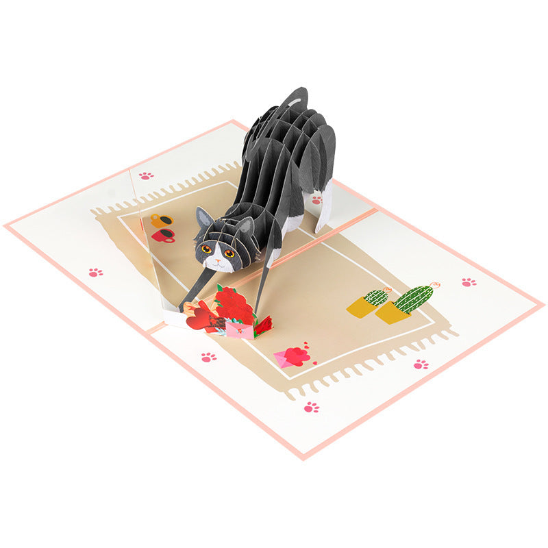 Valentines 3D Pop Up Cat Greeting Card Rose Handmade Gift