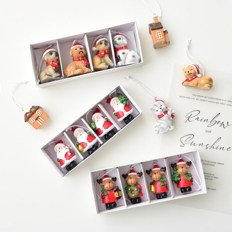 Christmas Resin Mini Figurine Ornament Set Holiday Gift Box Decor