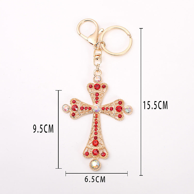 Rhinestone Cross Keychain Gold Alloy Charm