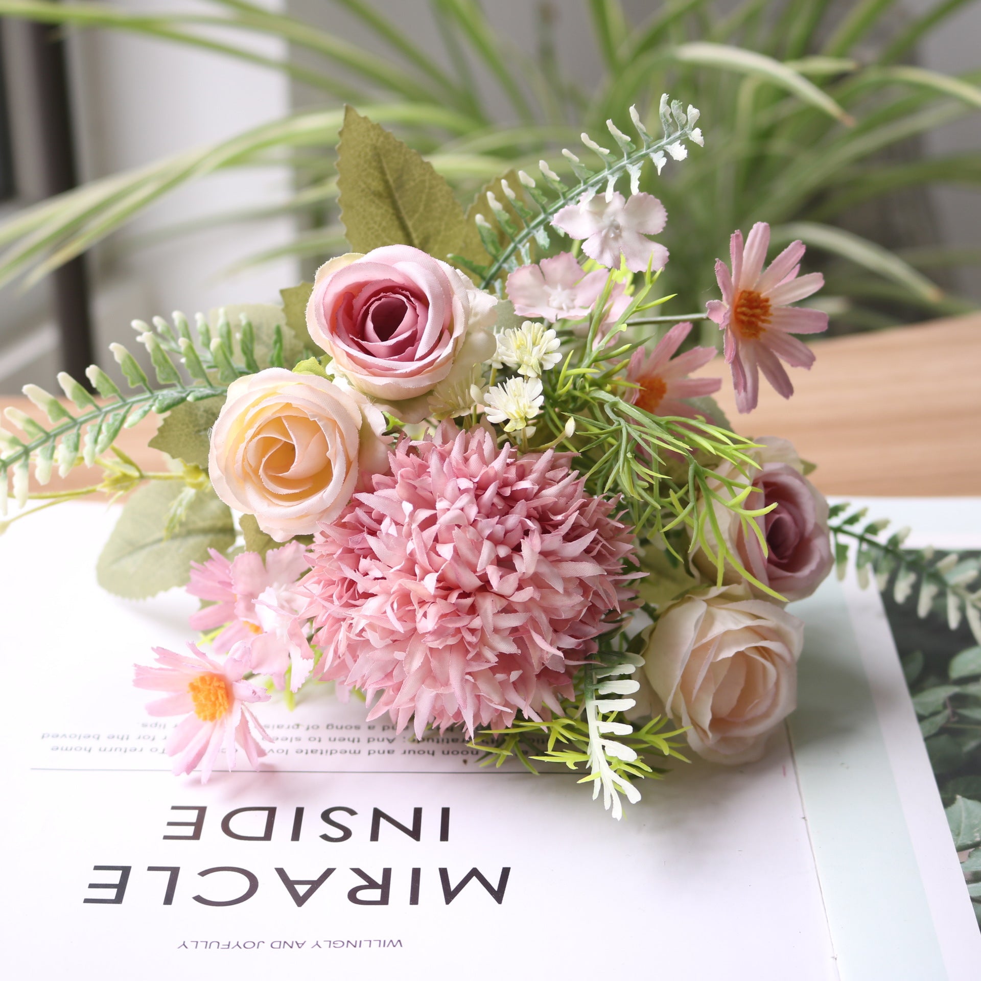 Valentine Faux Thistle Rose Daisy Bouquet Woodland Decor