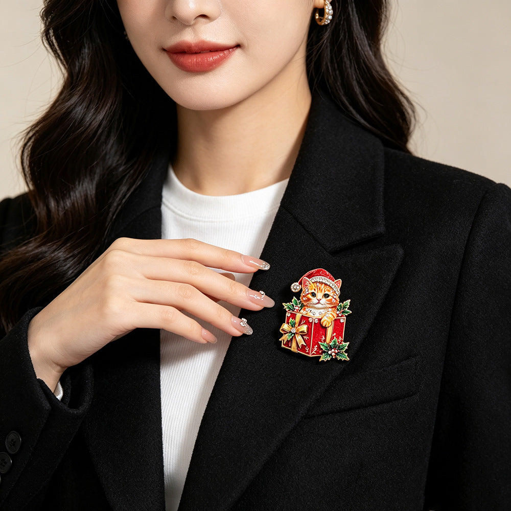 Christmas Cat Brooch Rhinestone Gift Box Pin