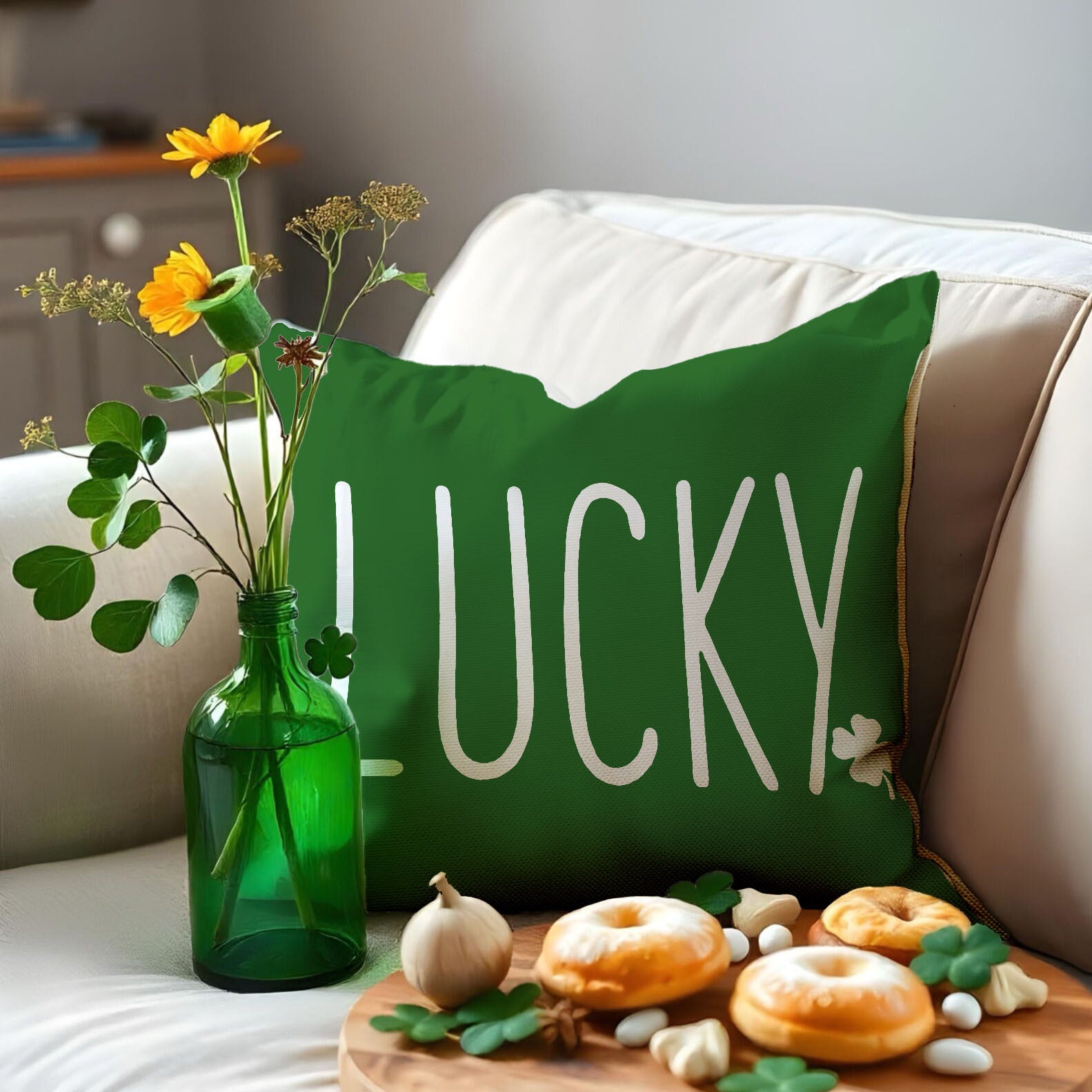St. Patrick’s Day Clover Linen Throw Pillow Cover 18x18