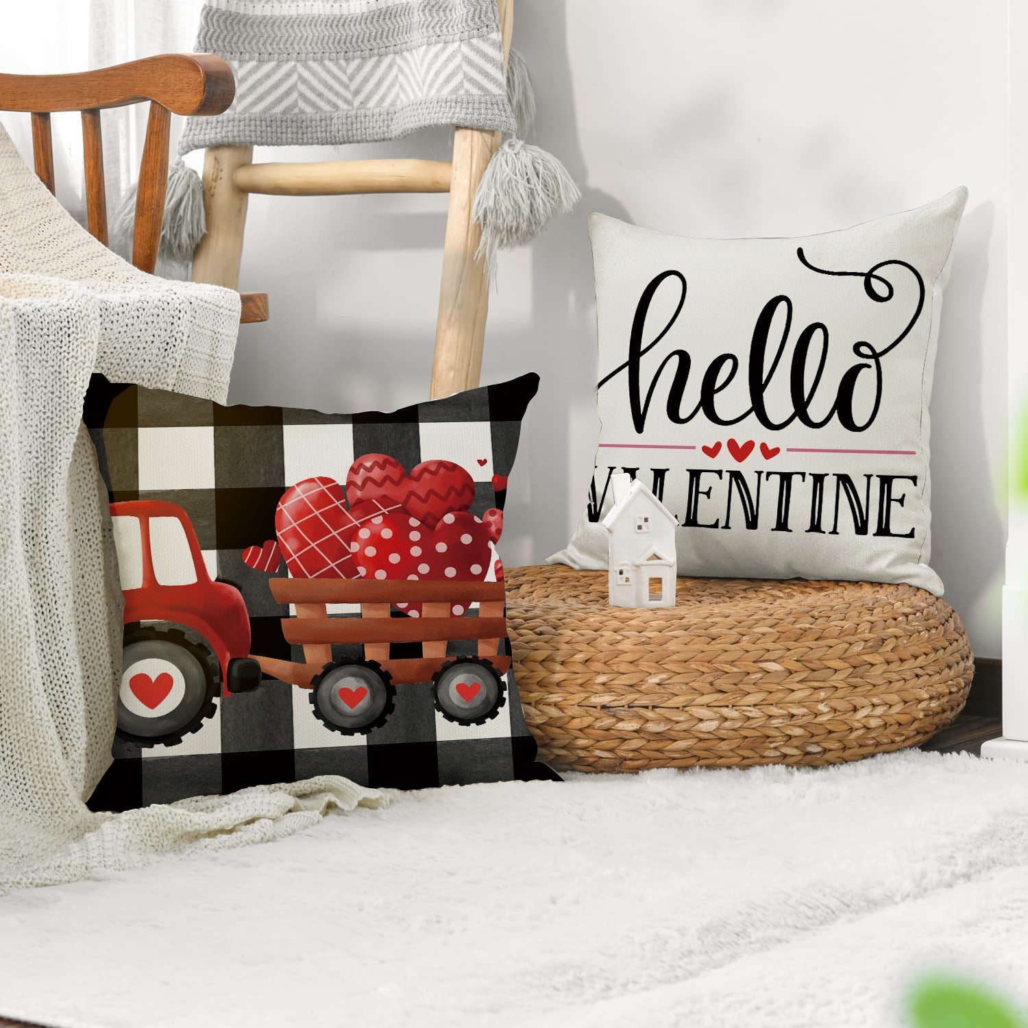 Valentine Red Heart Pillow Covers Buffalo Plaid Decorative