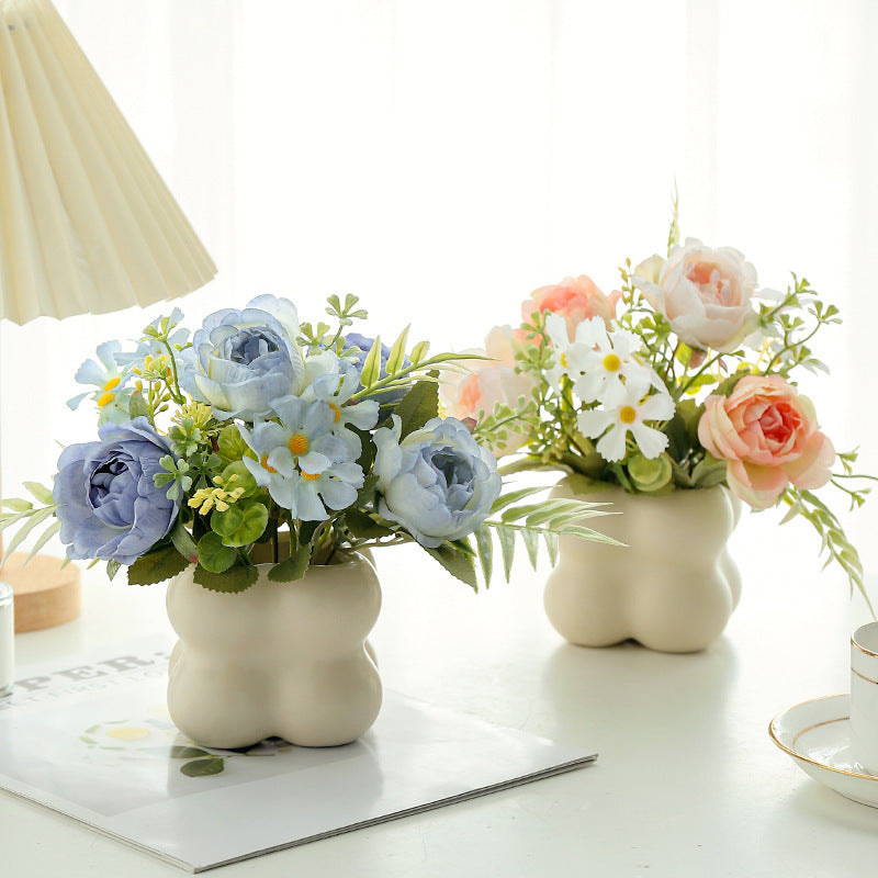 Faux Rose Flower Arrangement Ceramic Bubble Pot Decor