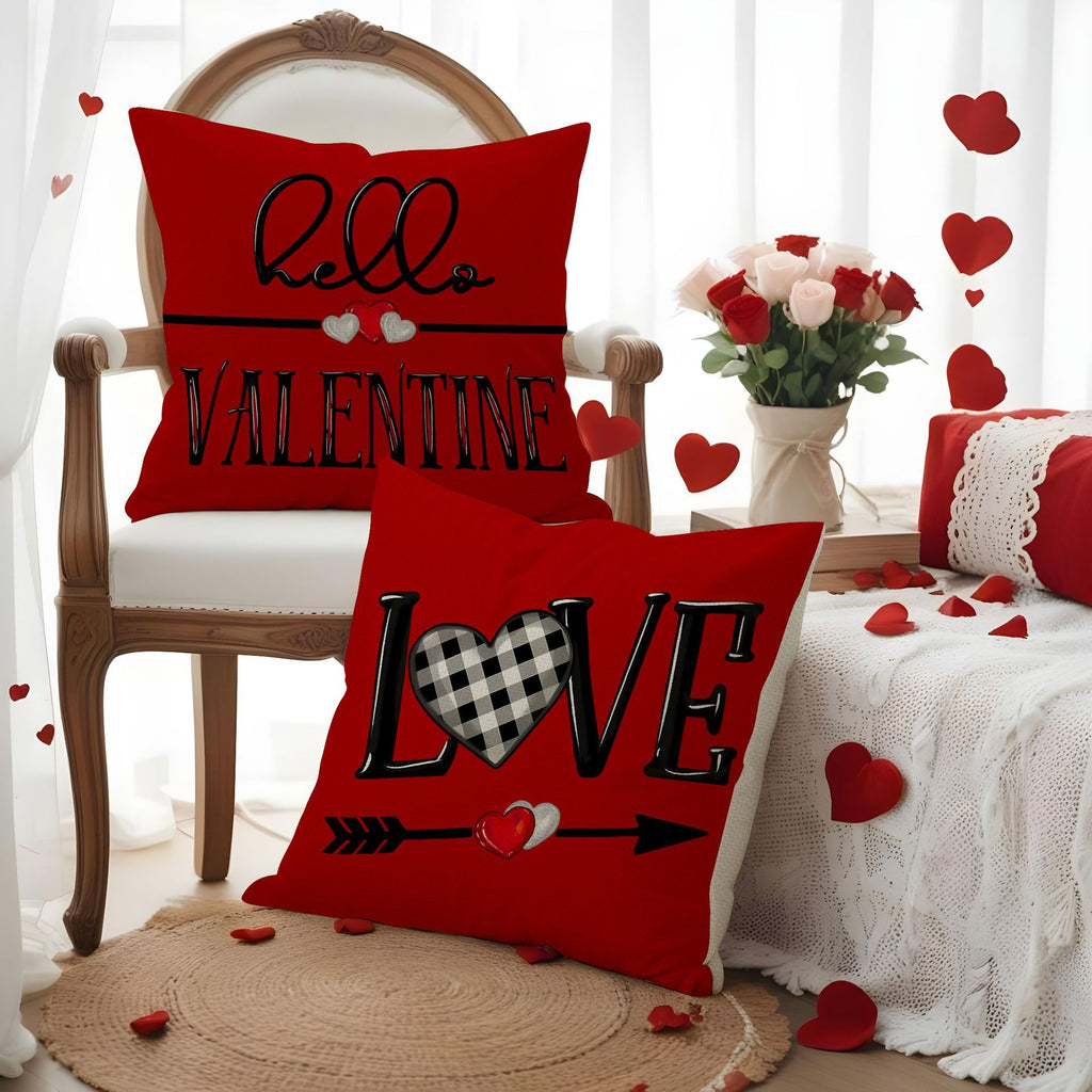 Valentine Red Truck & Buffalo Plaid Heart Pillow Covers Set