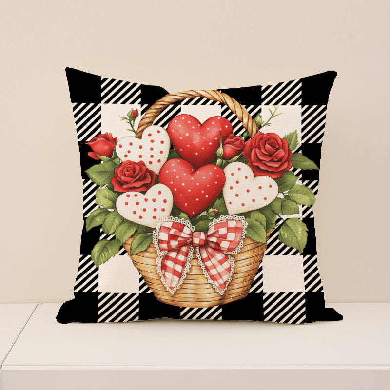 Valentine Plaid Bear Heart Basket Pillow Cover Set