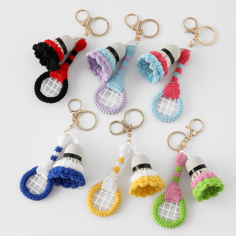 Crochet Badminton Racket Set Keychain Sporty Bag Charm