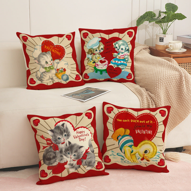 Vintage Valentine Throw Pillow Cover Cute Animal Heart Decor