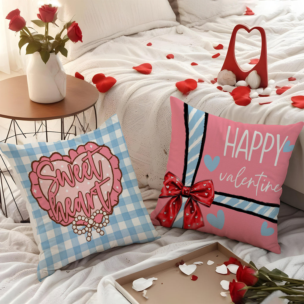 Valentine Pink Plaid Pillow Covers Set Cute Bear Decor